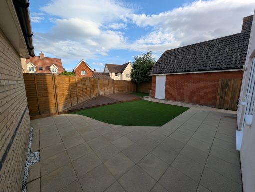 Completed artificial lawn and decking project in Stowmarket