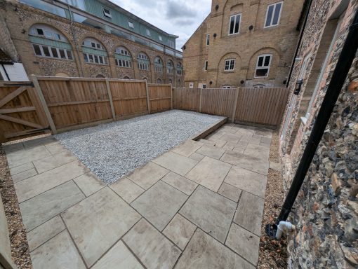 The back garden after weeding, ground preparation, levelling, membrane, and decorative aggregate added